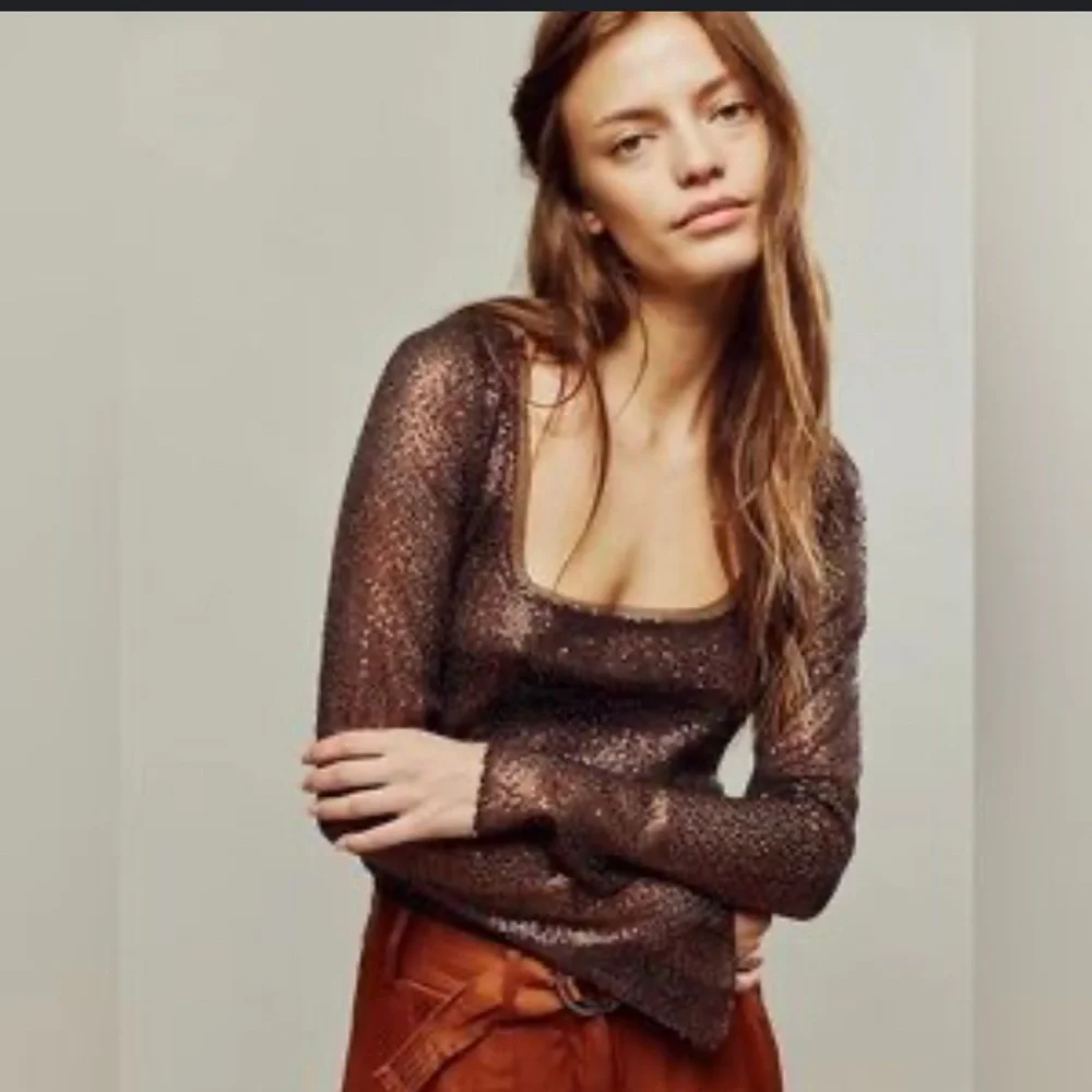 Free People Intimately Free Sheer Brown Sequins Long Bell Sleeve Top Womens XS